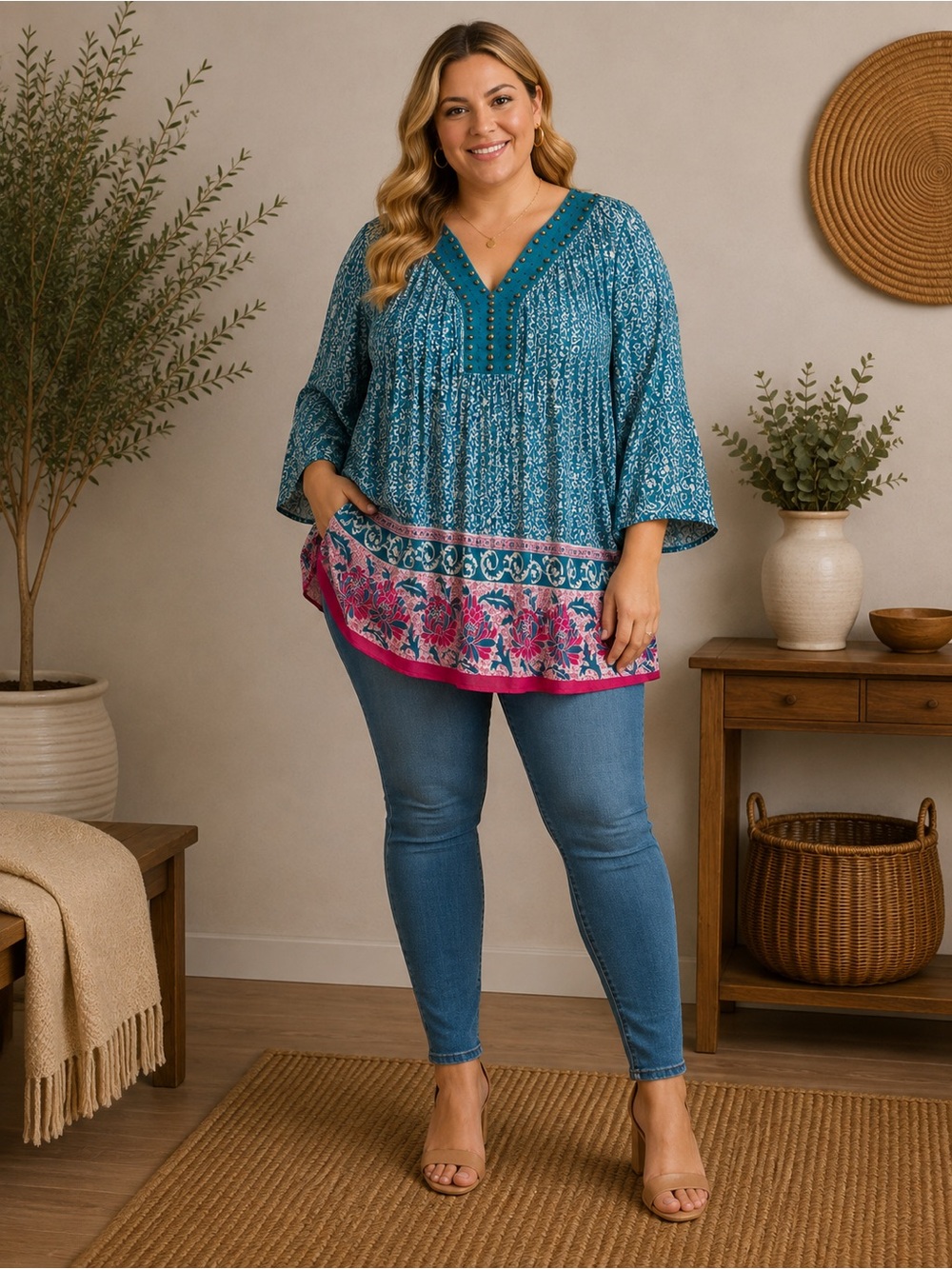 Woman Within Teal Floral V-Neck Peasant Tunic with Pink Border